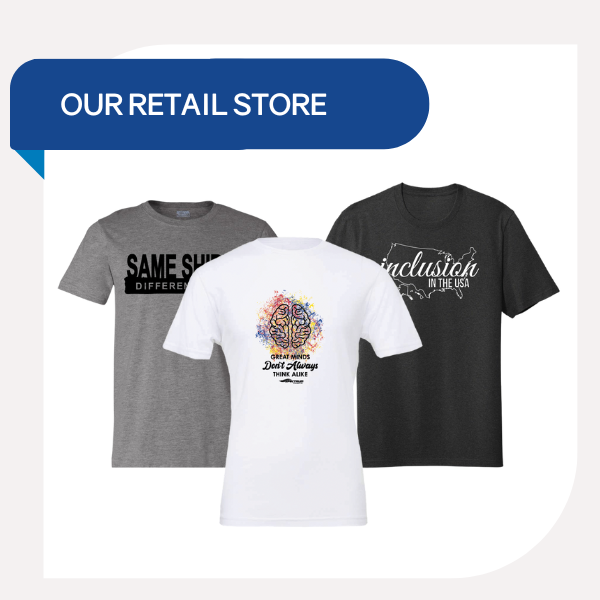 Three graphic t-shirts displayed under a header "Our Retail Store." The shirts have different designs and texts: one gray with "Same Shirt Different Day," one white with a colorful brain graphic and "Great Minds Don’t Always Think Alike," and one black with "Inclusion in the USA."